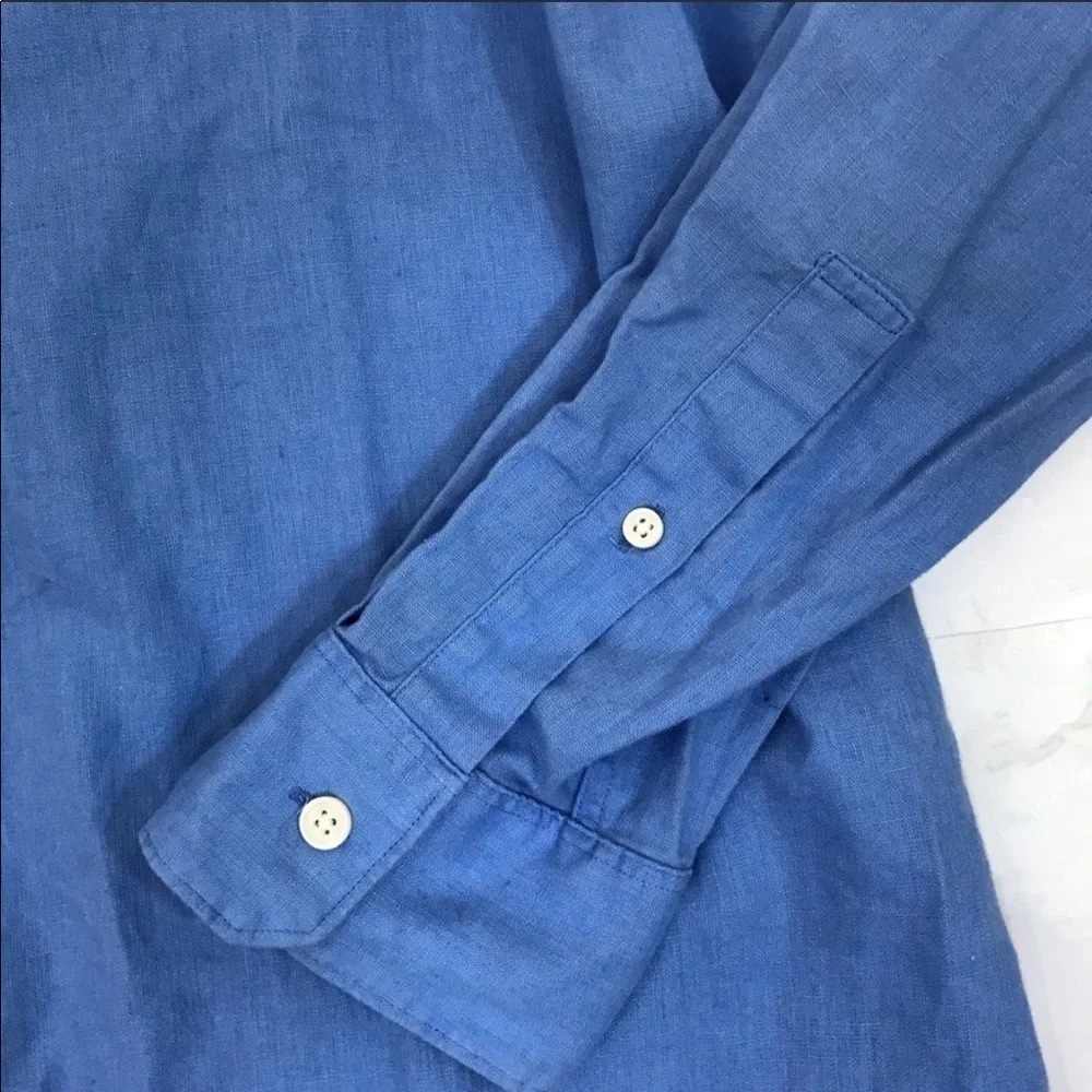 MICHAEL KORS Mens Blue Linen Collared Buttondown Casual Shirt